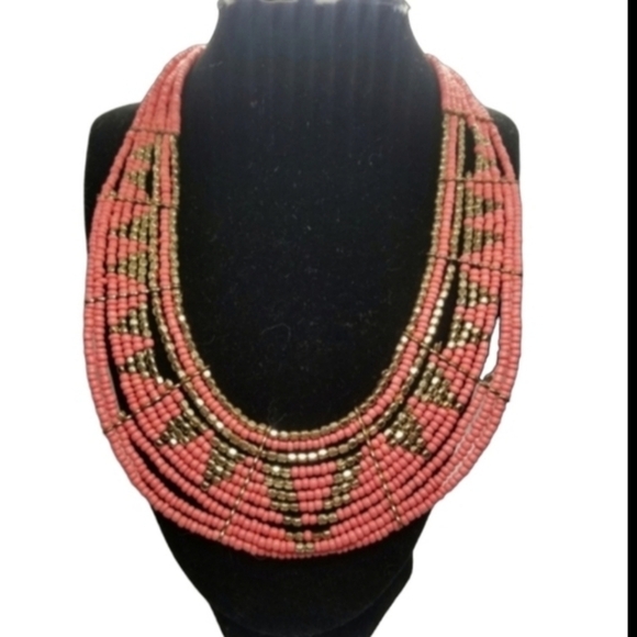 Anthropologie Jewelry - Anthropologie Layered Seed Bead Bib Necklace | Coral & Bronze Geometric